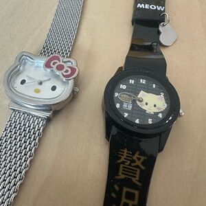 Sanrio Hello Kitty Silver Mesh Watch with Pink Bow & Black Cat Strap Watch